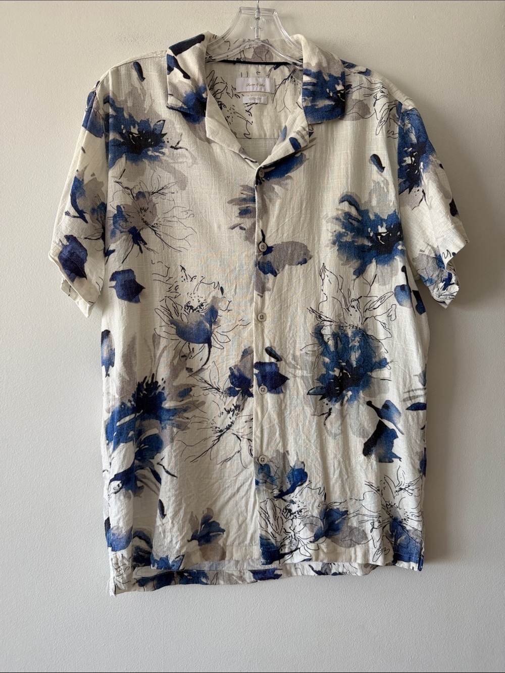 Linen Blend Porter & Ash Mens Floral Short Sleeve Shirt Blue White Size S